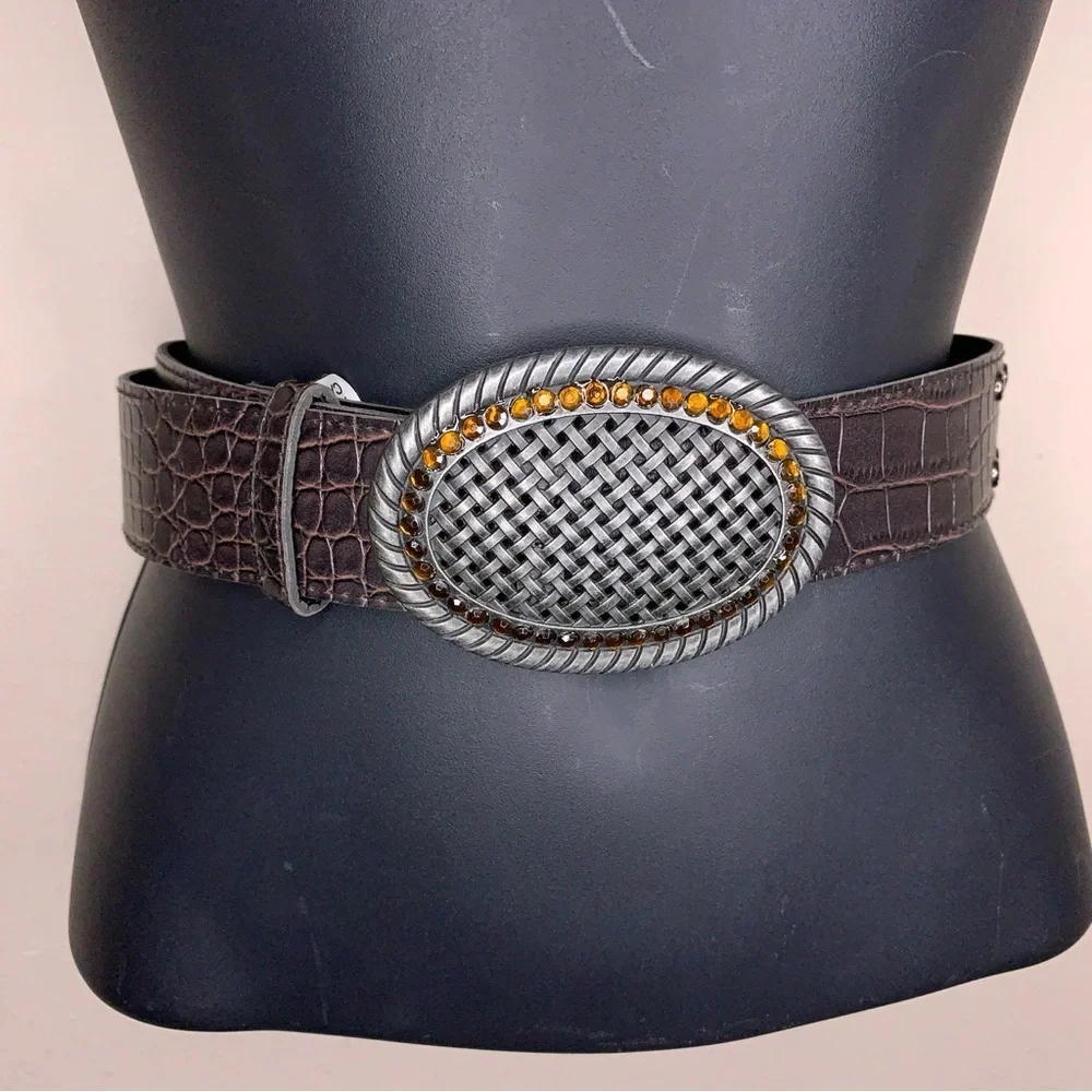 Size 14 Belt Rhinestone Brown Faux Leather Silver Buckle Western Woven Look